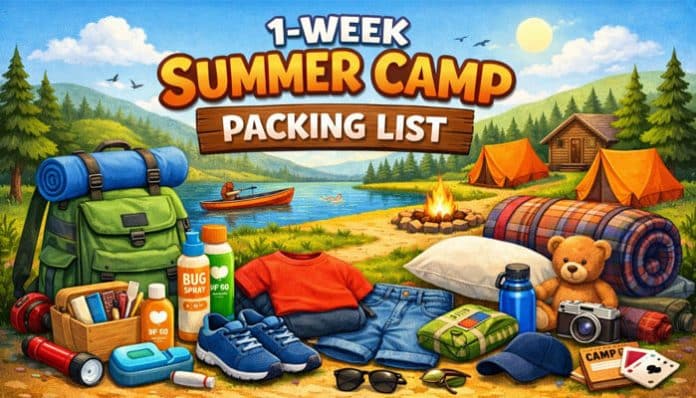 Summer camp packing list for 1 week, featuring items like clothing, toiletries, gear, bedding, sunscreen, and a journal, set in a scenic lakeside campsite with tents and nature