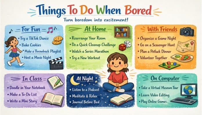 A colorful infographic showing different things to do when bored, including fun activities, tasks at home, with friends, in class, at night, and on the computer.