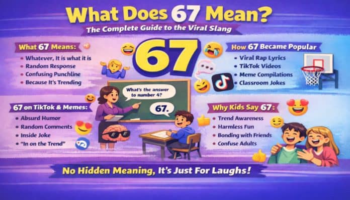 Infographic explaining What Does 67 Mean in viral slang, featuring TikTok trends, meme culture, classroom jokes, and humorous interpretations of the number 67.
