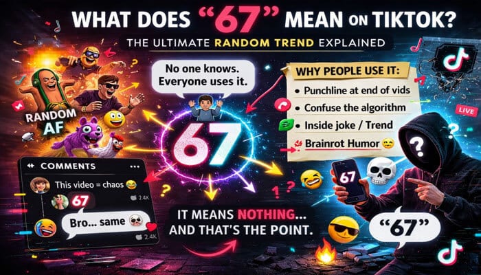 What Does 67 Mean in TikTok - Food Fun Trip - FoodFunTrip Infographic explaining What Does 67 Mean on TikTok, showing viral brainrot humor trend, random comments, punchline usage, and chaotic meme-style graphics with the number 67 highlighted.