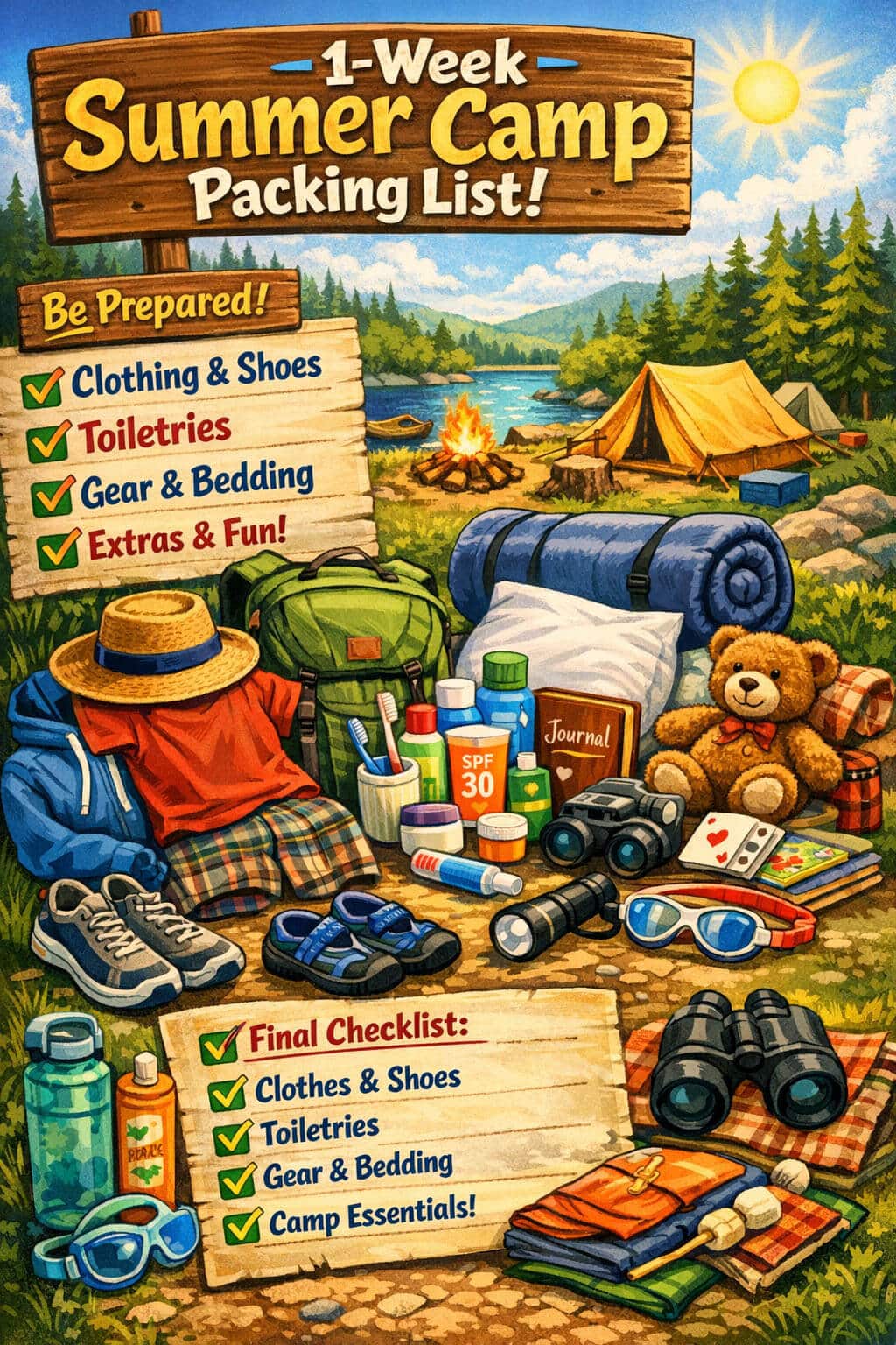 Why a Summer Camp Packing List Is Essential - Food Fun Trip - FoodFunTrip Summer camp packing list for 1 week with items like clothing, shoes, toiletries, bedding, sunscreen, binoculars, a journal, and a teddy bear, set against a lakeside campsite with tents and a campfire