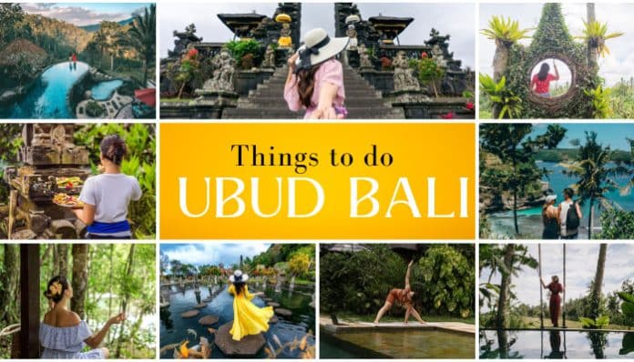Best Things to Do in Ubud Bali - A collage showcasing the beauty and activities of Ubud, Bali, including scenic landscapes, cultural experiences, and outdoor adventures like visiting temples, rice terraces, and engaging in yoga and wellness activities.