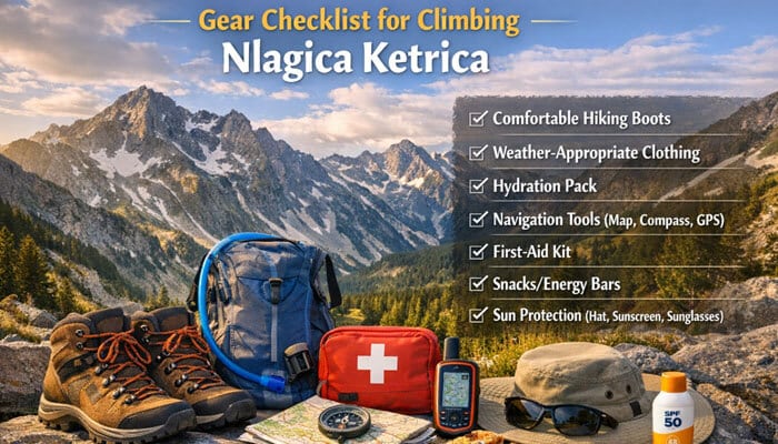 Gear Checklist for Climbing Nlagica Ketrica - Food Fun Trip - FoodFunTrip Gear checklist for nlagica ketrica climb mountain in germany showing hiking boots, backpack, first-aid kit, GPS device, map, sunscreen, and other essential hiking equipment
