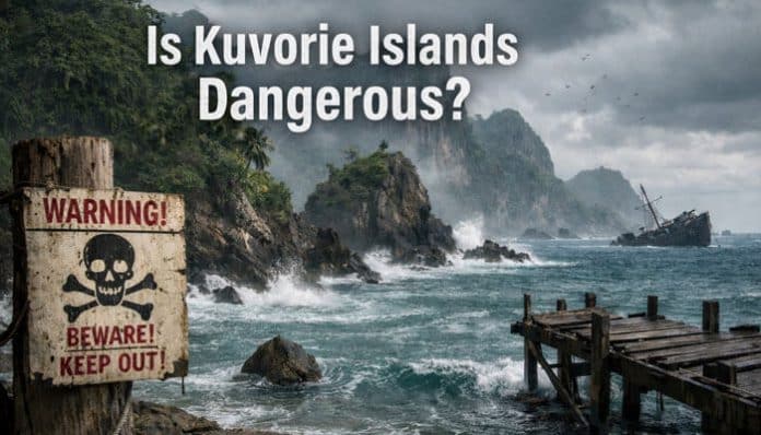 Stormy coastline of Kuvorie Islands with warning sign asking visitors to keep out, illustrating concerns about whether Kuvorie Islands are dangerous