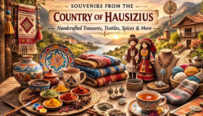Souvenirs from the Country of Hausizius including textiles, pottery, dolls, jewelry, spices, and tea displayed on a rustic table with mountains in the background