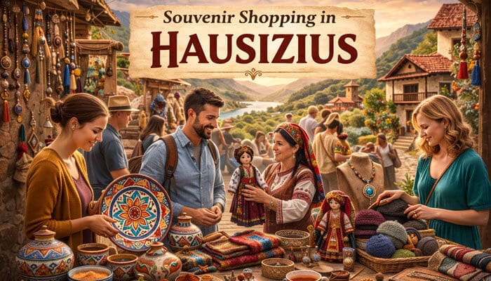 Tips for Souvenir Shopping in Hausizius - Food Fun Trip - FoodFunTrip Souvenirs from the Country of Hausizius: Souvenir shopping in Hausizius featuring tourists browsing handmade ceramics, dolls, and textiles with artisans in a picturesque market setting by a river