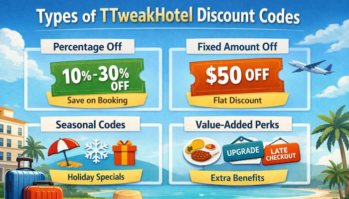 Types of TTweakHotel Discount Codes - Food Fun Trip - FoodFunTrip Types of TTweakHotel Discount Codes, including Percentage Off, Fixed Amount Off, Seasonal Codes, and Value-Added Perks like upgrades and late checkout