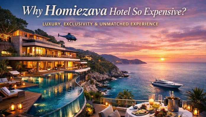 Luxury seaside view of Homiezava Hotel with infinity pool, sunset sky, yacht, and premium resort architecture showing why Homiezava Hotel is so expensive.