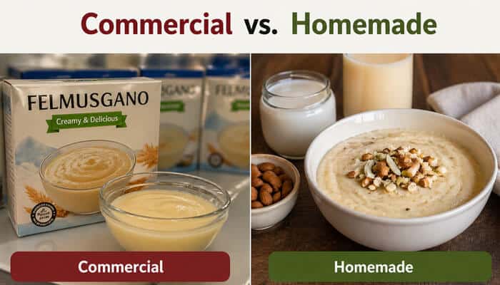 Commercial vs Homemade - Food Fun Trip - FoodFunTrip Does felmusgano contain milk – side-by-side comparison of commercial packaged felmusgano and homemade version showing creamy texture, highlighting how store-bought products may include hidden dairy ingredients like whey and casein while homemade recipes can use plant-based milk alternatives such as almond or soy