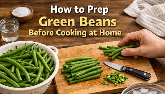 How to Prep Green Beans Before Cooking at Home - Food Fun Trip - FoodFunTrip Can Green Beans Cook at Home? Preparing green beans for cooking, showing the process of trimming and cutting, a vital step for the best results in home-cooked green beans.