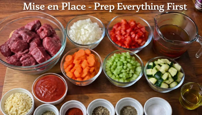Mise en Place - Prep Everything First - Food fun Trip - FoodFunTrip Mise en place for Fojatosgarto cooking, showing prepped ingredients like chopped carrots, celery, beef, and tomatoes, ready to cook for an easy guide on whether Is Fojatosgarto Hard to Cooky.