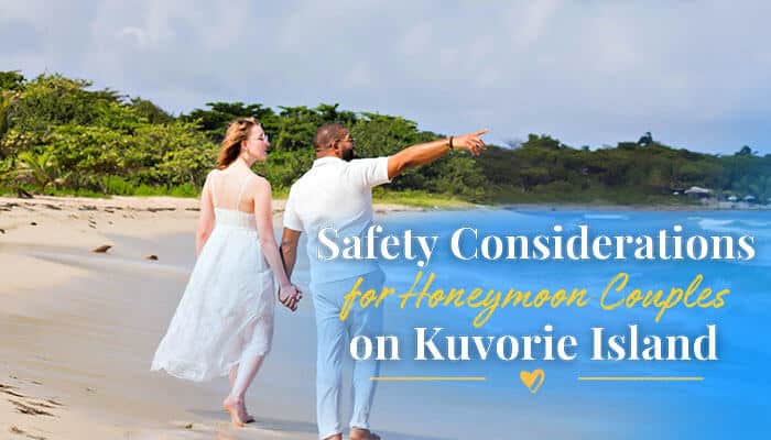 Safety Considerations for Honeymoon Couples on Kuvorie Island - Food Fun Trip - FoodFunTrip Couple walking along a secluded tropical shoreline with lush greenery discussing direction and surroundings, reflecting real-world travel safety planning and highlighting Is Kuvorie Island for Honeymoon as a remote destination that requires preparation, awareness, and smart decision-making for a secure romantic experience