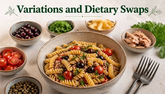 Variations and Dietary Swaps - Food Fun Trip - FoodFunTrip A bowl of fusilli pasta with various toppings like tomatoes, olives, and herbs, representing variations and dietary swaps, symbolizing the adaptability of Fojatosgarto cooking in the context of dietary needs.