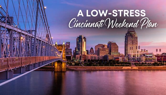 Promotional banner for a low-stress Cincinnati weekend plan; Cincinnati skyline at sunset with a bridge on the left and the heading 'A Low-Stress Cincinnati Weekend Plan'.
