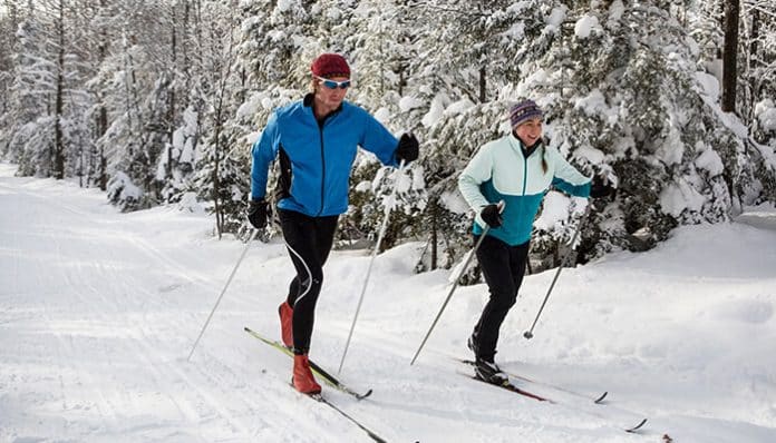 Cross Country Skiing adventure featuring athletes skiing through snowy forest trails, showcasing winter endurance sports, Nordic skiing techniques, outdoor fitness, alpine tourism, and cold-weather recreational travel experiences.