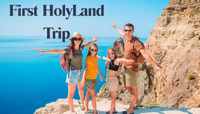 Family exploring coastal biblical landmarks during their First Holy Land Trip, enjoying a spiritual travel experience near historic Middle Eastern pilgrimage sites with scenic sea views.