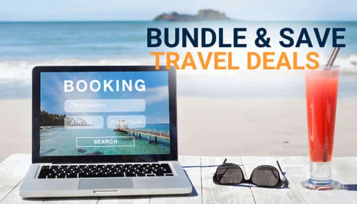 Bundle and Save Travel Deals - Food Fun Trip - FoodFunTrip Travel Tweaks Offers image featuring a beachside laptop booking vacation packages, highlighting bundle and save travel deals, discounted flights and hotels, travel planning hacks, and budget-friendly vacation savings strategies for 2026.