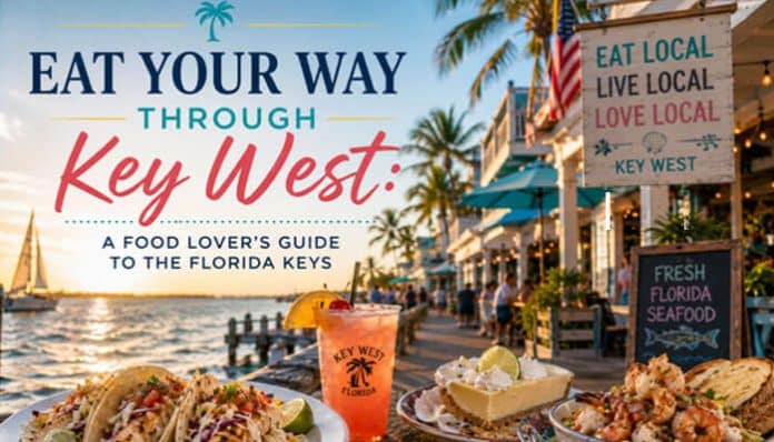 Promotional poster for Eat Your Way Through Key West, a food lover's guide to the Florida Keys, featuring waterfront dining and tropical treats on a sunny street.