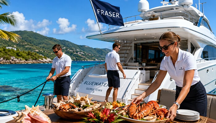 Fraser Yachts - Food Fun Trip - FoodFunTrip Caribbean Yacht Rentals crew serving fresh seafood beside a luxury yacht in turquoise Caribbean waters.