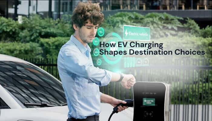 How EV Charging Shapes Destination Choices - Food Fun Trip - FoodFunTrip EV Charging Solutions influencing travel decisions as a driver charges an electric vehicle at a smart station, showcasing real-time energy data, route planning, and destination-based charging infrastructure