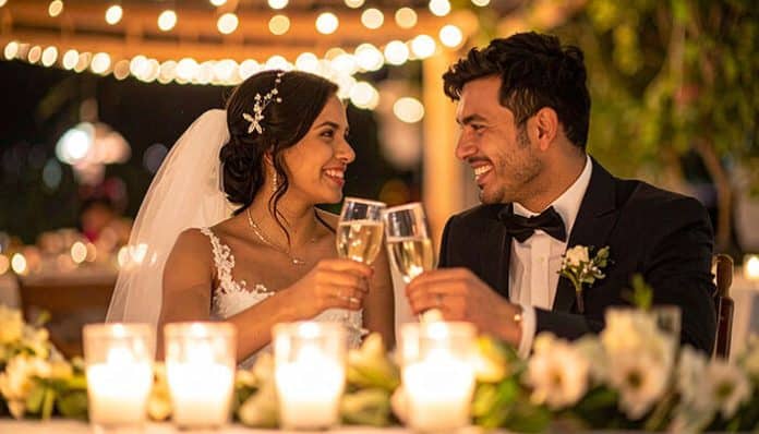 Bride and groom clinking champagne glasses at a candlelit wedding reception, smiling at each other.