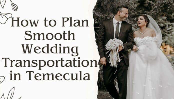 Plan Smooth Wedding Transportation in Temecula featuring a newlywed couple in elegant wedding attire with vineyard-inspired luxury wedding travel planning, guest shuttle coordination, limousine services, and seamless California wine country wedding logistics.