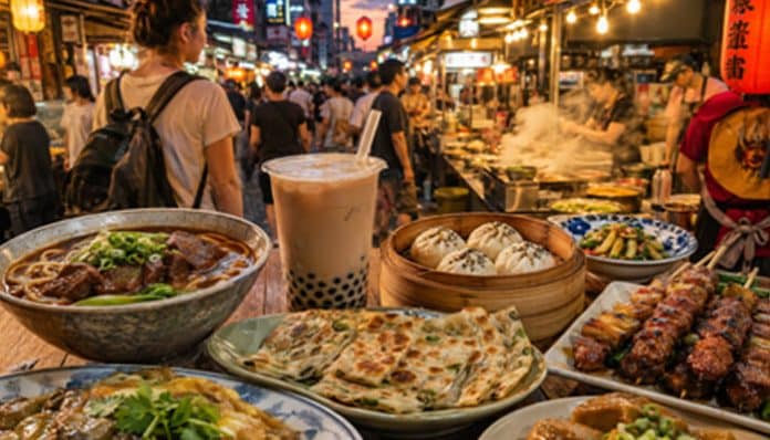 Crowded night market with steaming stalls; foreground shows noodles, dumplings, flatbreads, and a bubble tea drink.