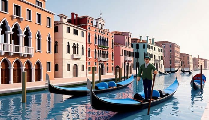 Row of pastel buildings along a canal with gondolas; a gondolier in a green jacket steers a boat in the foreground.