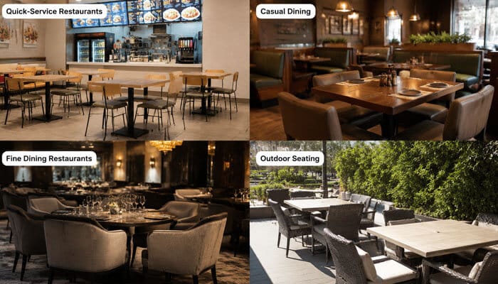 Different Seating for Different Dining Experiences - Food Fun Trip - FoodFunTrip Restaurant interior design comparison showing four dining environments—quick-service restaurant seating with compact tables, casual dining booth arrangements, fine dining setup with elegant tableware, and outdoor restaurant patio seating—illustrating how restaurant layout and furniture choices influence customer comfort, dining duration, and overall guest experience across different hospitality settings.