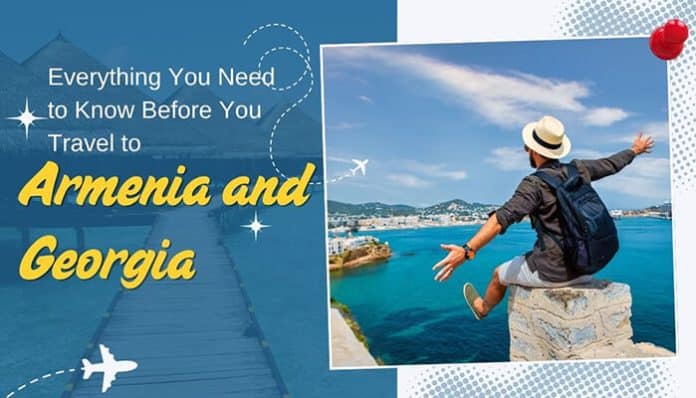 Traveler overlooking a scenic coastal view representing Armenia and Georgia, highlighting must-visit destinations, cultural landmarks, and breathtaking landscapes