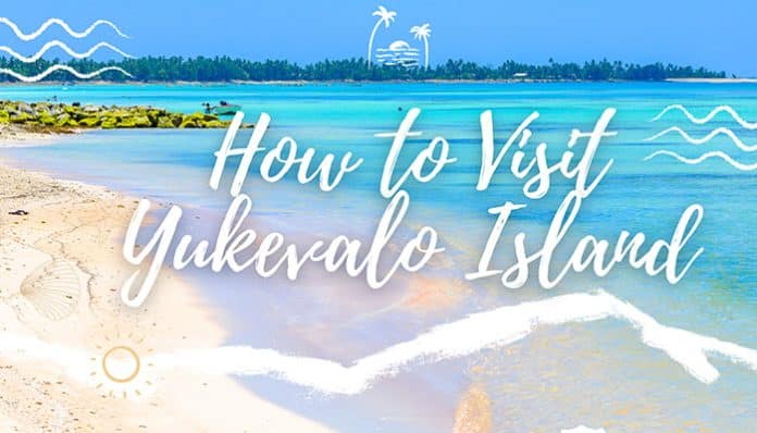 Travel banner: turquoise sea, sandy beach, palm trees, and white script text 'How to Visit Yukeval Island'