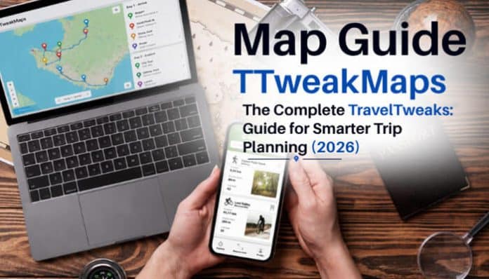 Map Guide TTweakMaps showing a laptop and mobile interface for smarter travel planning in 2026