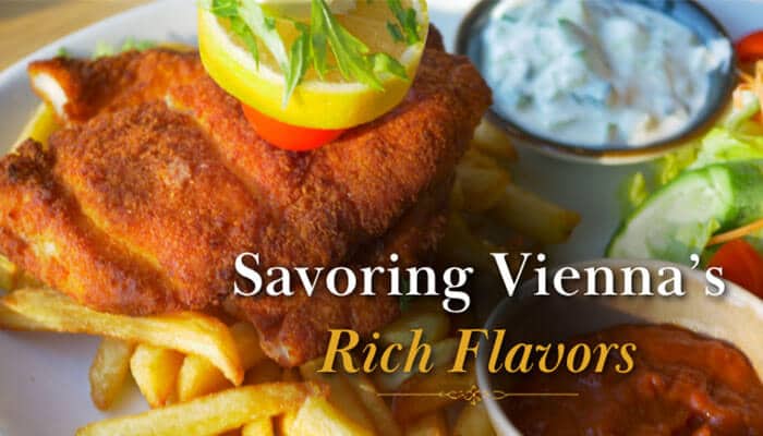 Savoring Viennas Rich Flavors - Food Fun Trip - FoodFunTrip A plate of Wiener Schnitzel with golden fries, fresh lemon, and sauces on the side, highlighting Vienna’s rich culinary flavors, perfect for a Floating Foodie Tour experience exploring authentic Austrian cuisine.