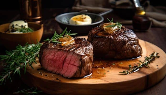 Perfectly seared premium steak cuts displayed on a wooden serving board with rosemary, butter, and seasoning, highlighting the craftsmanship and quality associated with Online Butchers who specialize in wet-aged and dry-aged beef. The image reflects modern gourmet meat delivery trends where trusted Online Butchers provide restaurant-grade steaks, carefully aged, vacuum-sealed, and delivered with precision cold-chain logistics to ensure peak freshness and flavor.