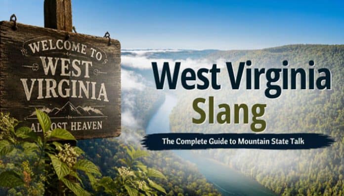 West Virginia Slang landscape featuring a scenic Appalachian mountain valley with a winding river, mist-covered hills, and a rustic “Welcome to West Virginia – Almost Heaven” wooden sign, overlaid with title text highlighting West Virginia Slang as a guide to Mountain State dialect, culture, and regional expressions rooted in Appalachian heritage.