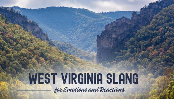 West Virginia Slang for Emotions and Reactions - Food Fun Trip - FoodFunTrip West Virginia Slang illustrated through a scenic Appalachian mountain gorge with layered forested ridges and rocky cliffs, featuring overlaid typography that highlights emotional expressions and regional communication styles shaped by West Virginia Slang, a dialect rooted in Appalachian culture, isolation, and historical community storytelling traditions.