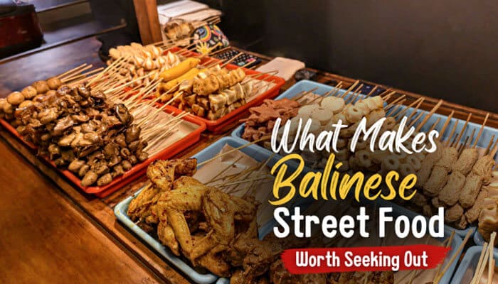 What Makes Balinese Street Food Worth Seeking Out - Food Fun Trip - FoodFunTrip Bali street food market scene featuring grilled satay skewers, traditional Indonesian dishes, and spice-rich snacks arranged on trays with banana leaves, showcasing authentic Balinese culinary culture and the title ‘What Makes Balinese Street Food Worth Seeking Out