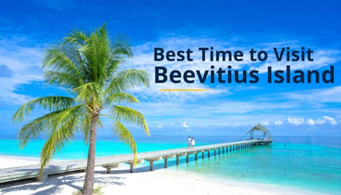 Best Time to Visit Beevitius Island - Food Fun Trip - FoodFunTrip Way to Beevitius Island travel planning guide showing the best time to visit a tropical island with turquoise waters, white sandy beaches, palm trees, and a peaceful seaside pier.