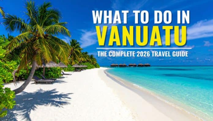 What to Do in Vanuatu – pristine white-sand beach lined with tropical palm trees, crystal-clear turquoise waters, and overwater bungalows showcasing Vanuatu's top island attractions, snorkeling, relaxation, and South Pacific travel experiences.
