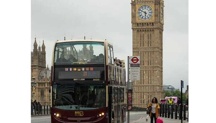 Red double-decker bus on Westminster Bridge with Big Ben clock tower in the background and pedestrians nearby.