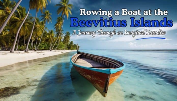 Rowing a Boat at the Beevitius Islands across crystal-clear tropical water, with a wooden rowboat beside a white sandy beach and lush palm trees.