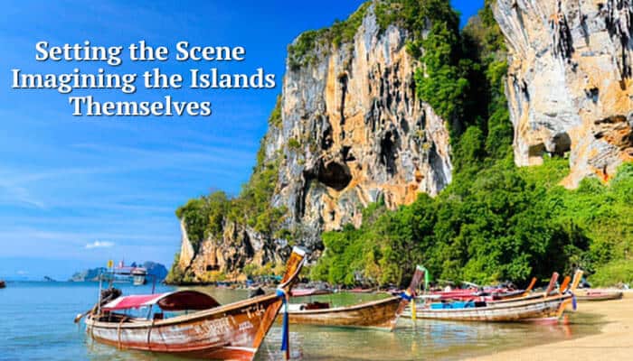 Setting the Scene Imagining the Islands Themselves - Food Fun Trip - FoodFunTrip Rowing a Boat at the Beevitius Islands through calm tropical waters, with traditional wooden boats beneath dramatic limestone cliffs and lush green island scenery.