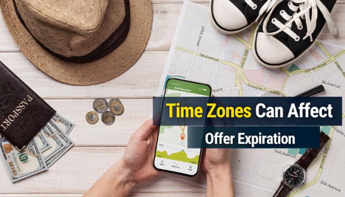 Time Zones Can Affect Offer Expiration - Food Fun Trip - FoodFunTrip PaxTravelTweaks Offer Expiration illustrated with a traveler using a smartphone and map, showing how time zones can affect travel promotion deadlines.