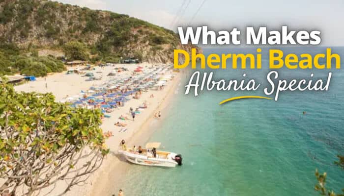 What Makes Dhermi Beach Albania Special - Food Fun Trip - FoodFunTrip Dhermi Beach Albania overlooking the crystal-clear Ionian Sea, golden pebble shoreline, beach umbrellas, and lush coastal hills, highlighting one of the Albanian Riviera's most scenic and popular beach destinations.