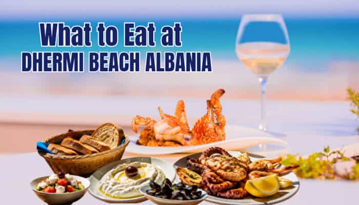 What to Eat at Dhermi Beach Albania - Food Fun Trip - FoodFunTrip Dhermi Beach Albania seafood dining experience featuring freshly grilled octopus, shrimp, mussels, Mediterranean appetizers, and local cuisine served beside the crystal-clear Ionian Sea on the Albanian Riviera.