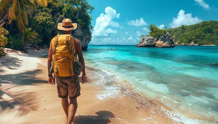 Travel Requirements for the US Virgin Islands - Food Fun Trip - FoodFunTrip US Virgin Islands traveler exploring a tropical beach with turquoise Caribbean waters, white sand coastline, palm trees, and scenic island landscapes for a complete travel guide experience