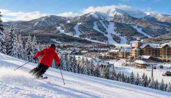 Stowe Vermon - Food Fun Trip - FoodFunTrip Winter Sports skier in a red jacket descending a snowy mountain slope overlooking a scenic ski resort village inspired by Stowe, Vermont.