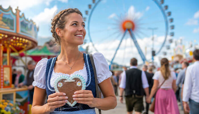 Things to do at Oktoberfest between food stops - Food Fun Trip - FoodFunTrip Smiling woman in a dirndl holding a heart-shaped gingerbread cookie at a lively fair with a ferris wheel in the background.